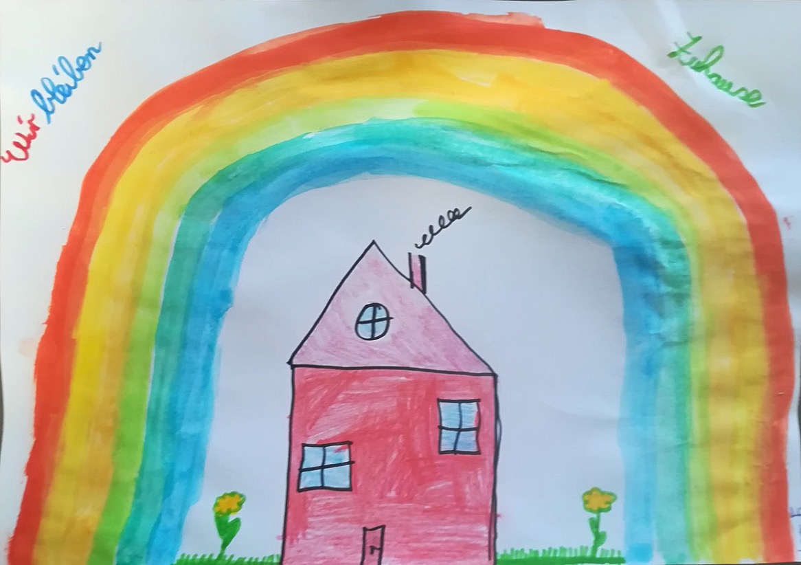 Grafik: Handgemaltes Regenbogenbild mit einem Haus mitten im Regenbogen