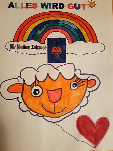 Grafik: Handgemaltes Bild mit Regenbogen und einem orangenen Schaf