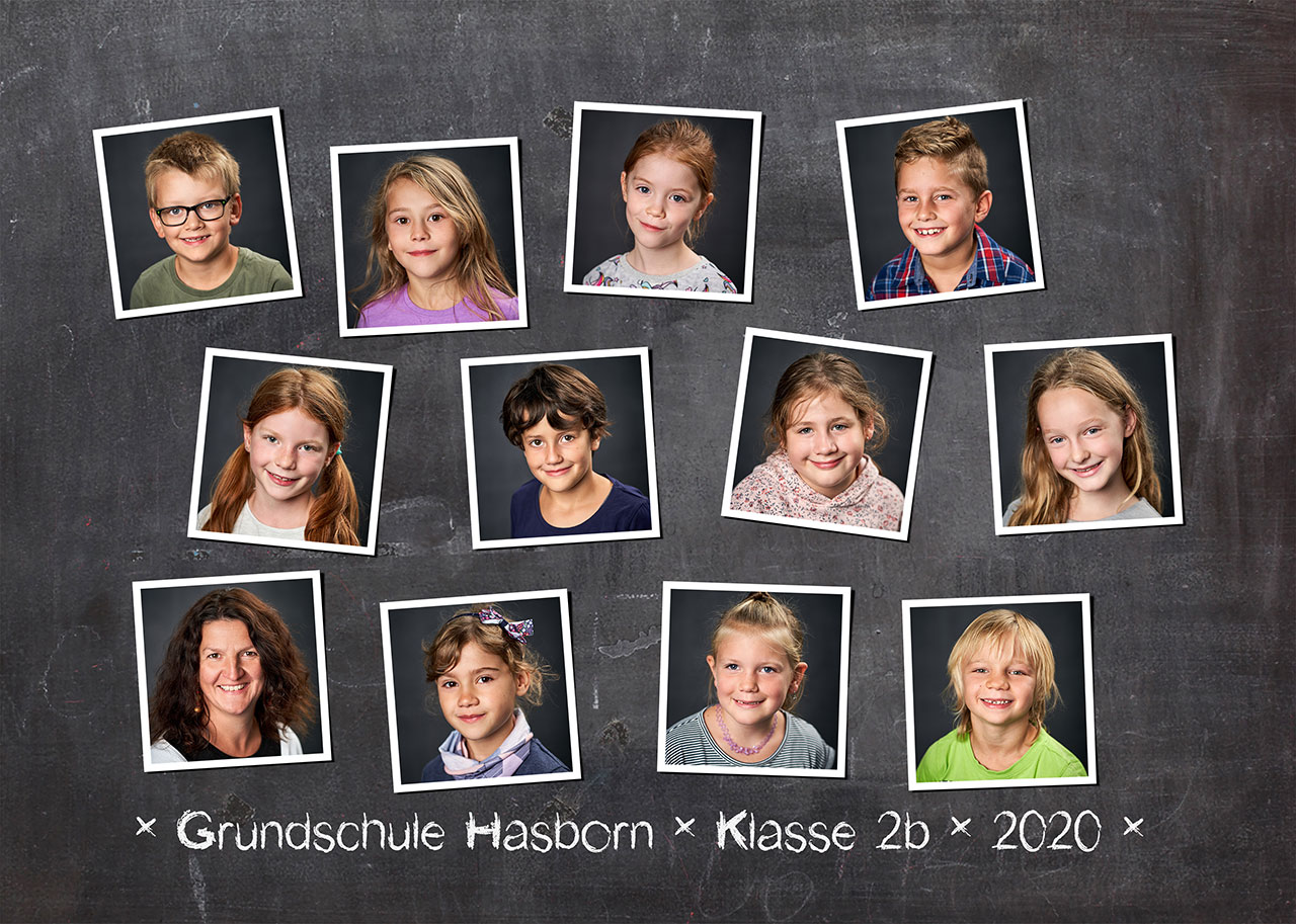 Grafik: Einzelfotos aller SchÃ¼ler der Klasse 2b mit Klassenlehrerin Frau Eichhorn-Sanchen in Form einer Collage.