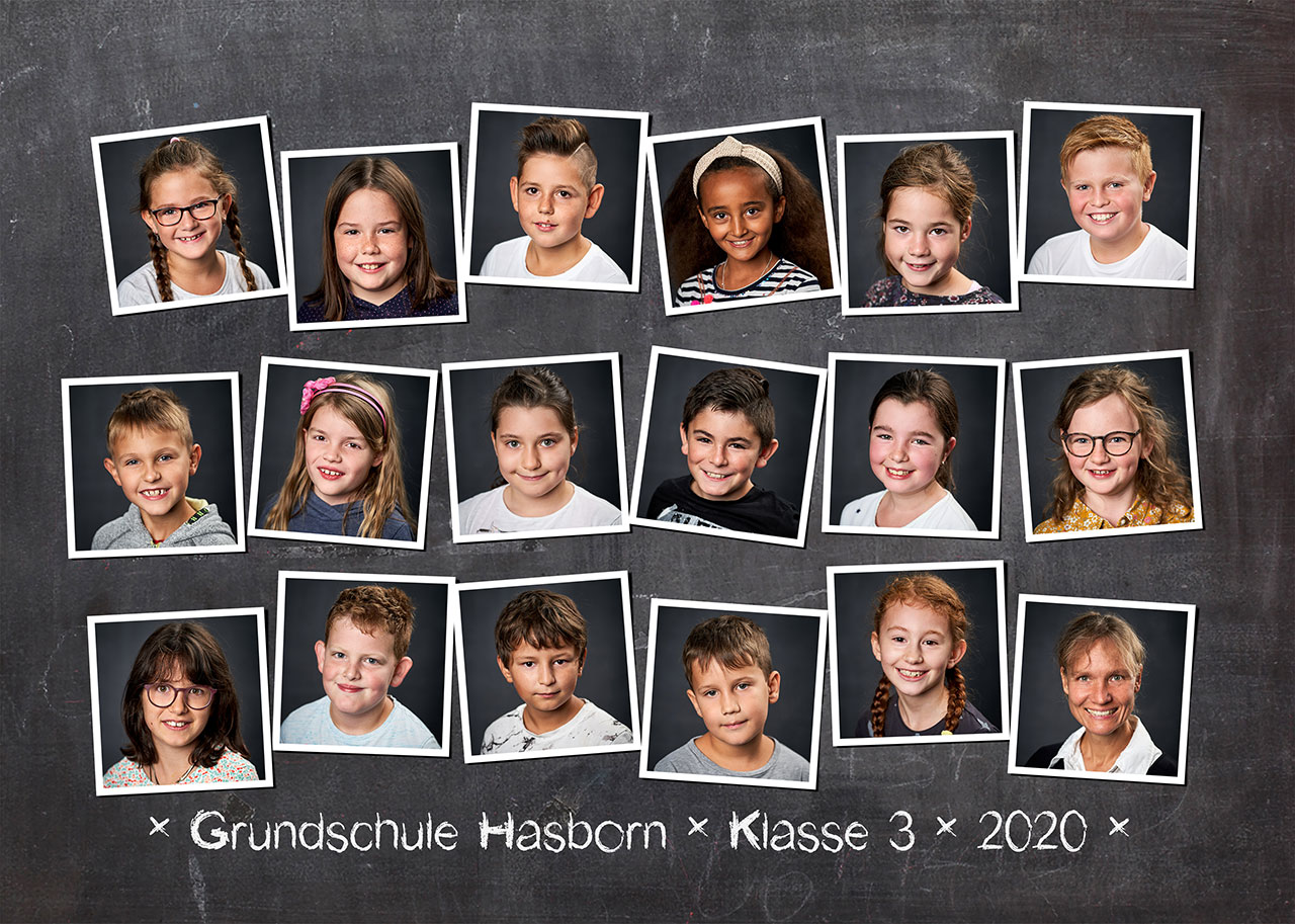 Grafik: Einzelfotos aller SchÃ¼ler der Klasse 3 mit Klassenlehrerin Frau Schnurbus in Form einer Collage.