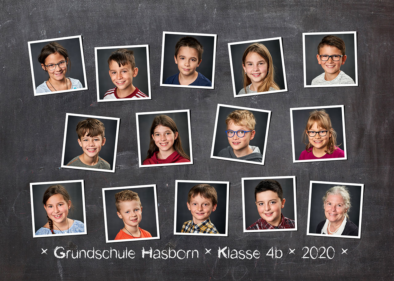 Grafik: Einzelfotos aller SchÃ¼ler der Klasse 4b mit Klassenlehrerin Frau Geiben in Form einer Collage.